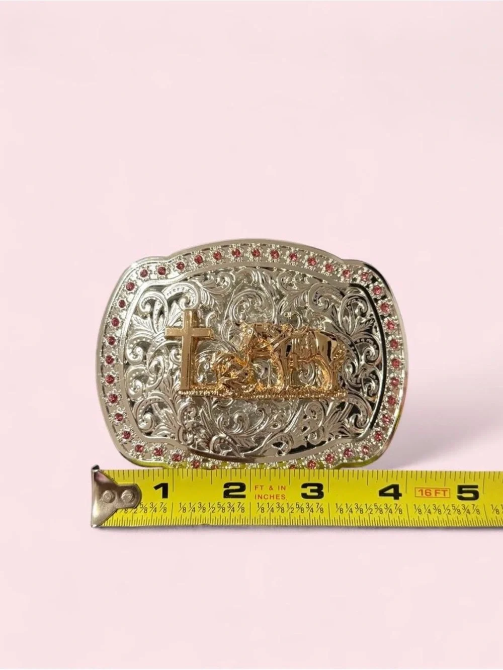 Embellished Silver-Tone Western Cross & Horse Belt Buckle - Pink Accent
